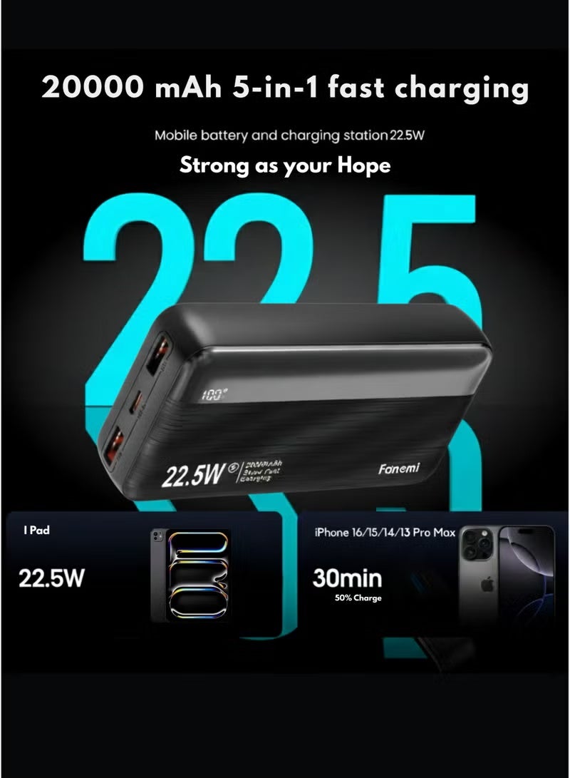 Fonemi 20000mAh Power Bank 22.5W Fast Charging with Built-in Type-C & Lightning Cables, Digital LED Display, Smart Protection Chip, Dual Input & Multi-Device Output, Lightweight Portable Power Bank – Black - Image 2